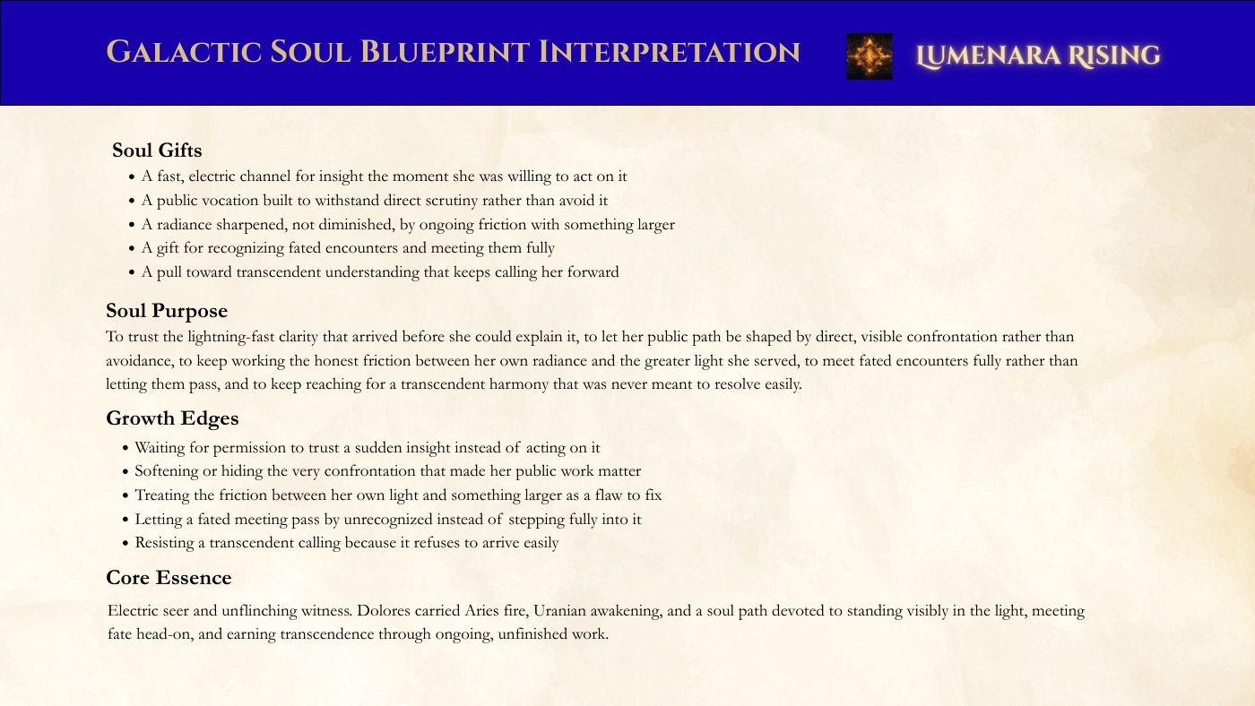 Soul Gifts · Purpose · Growth Edges · Core Essence